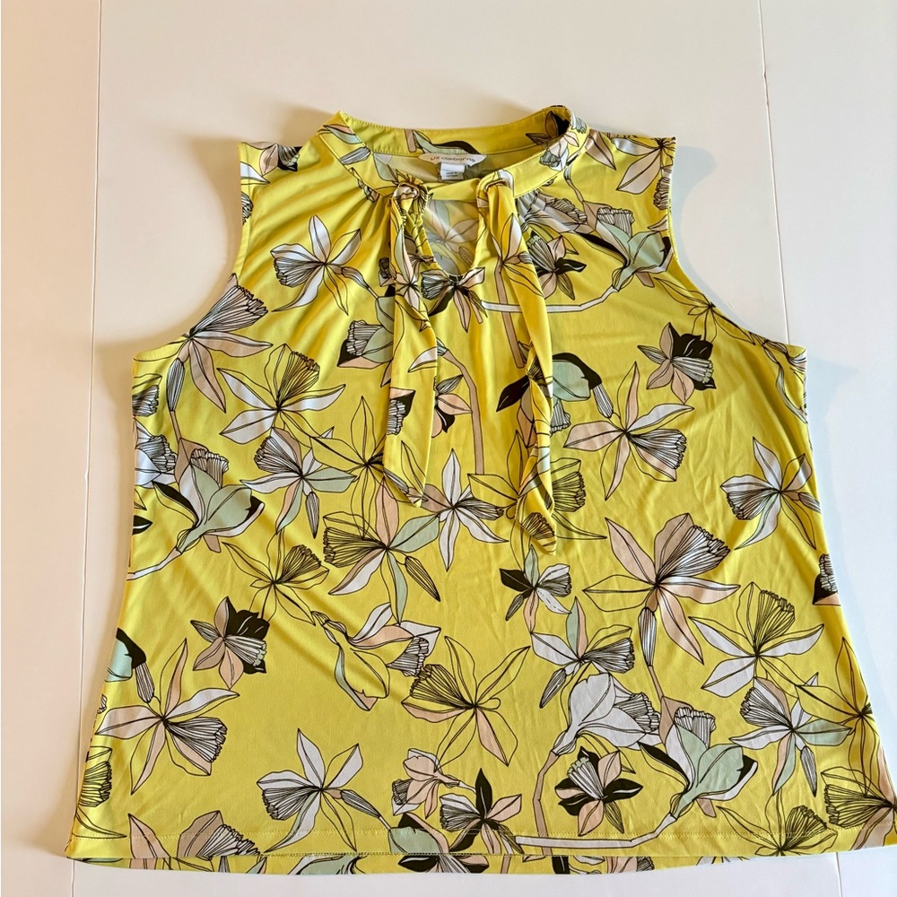 Liz Claiborne Yellow Floral Tie-Neck Sleeveless Top